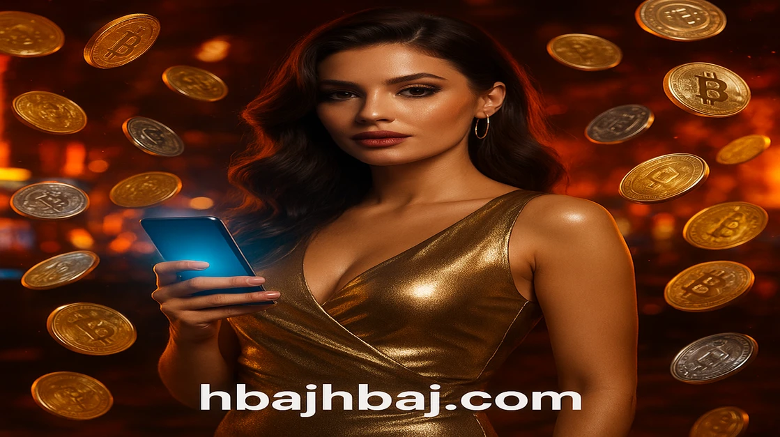 hbaj প্ল্যাটফর্মে একটি আত্মবিশ্বাসী নারী, সোনালি পোশাক পরা, অ্যাপ স্ক্রিনসহ ফোন ধরেছেন; চারদিকে বিটকয়েন টোকেন ও hbaj প্ল্যাটফর্ম চিপগুলো ছড়িয়ে রয়েছে।
