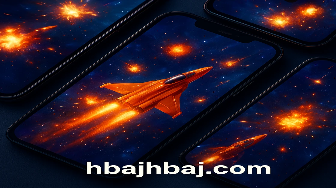 hbaj প্ল্যাটফর্মে প্রদর্শিত একটি বিস্ফোরণময় দৃশ্য: ট্যাবলেট স্ক্রিন থেকে বেরিয়ে আসা জ্বলন্ত লাল বিমান, চারপাশে অন্যান্য বিমান ও গেমের বিভিন্ন উপাদান ছড়িয়ে রয়েছে।