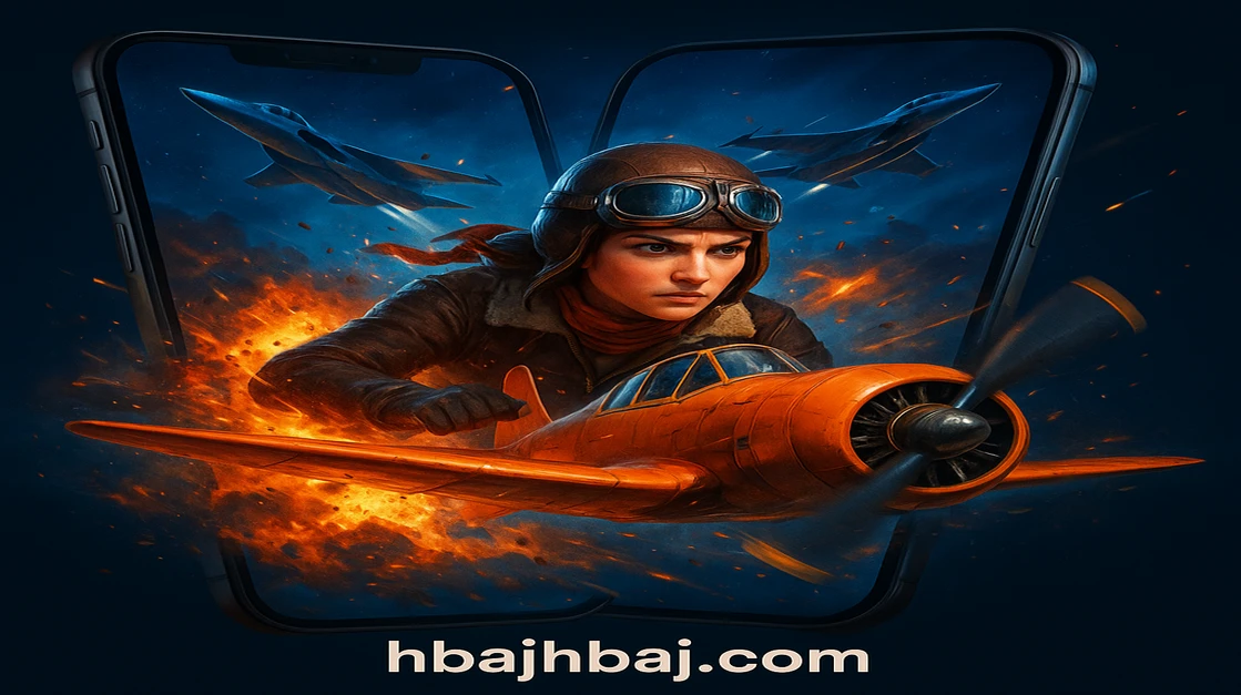 hbaj–এর অ্যাভিয়েটর গেম শিরোনামটি ওপরের দিকে দেখা যাচ্ছে; গগলস পরা একজন নারী পাইলট লাল রঙের বিমানে মহাশূন্য ও আগুনের মধ্যে দিয়ে উড়ছে।