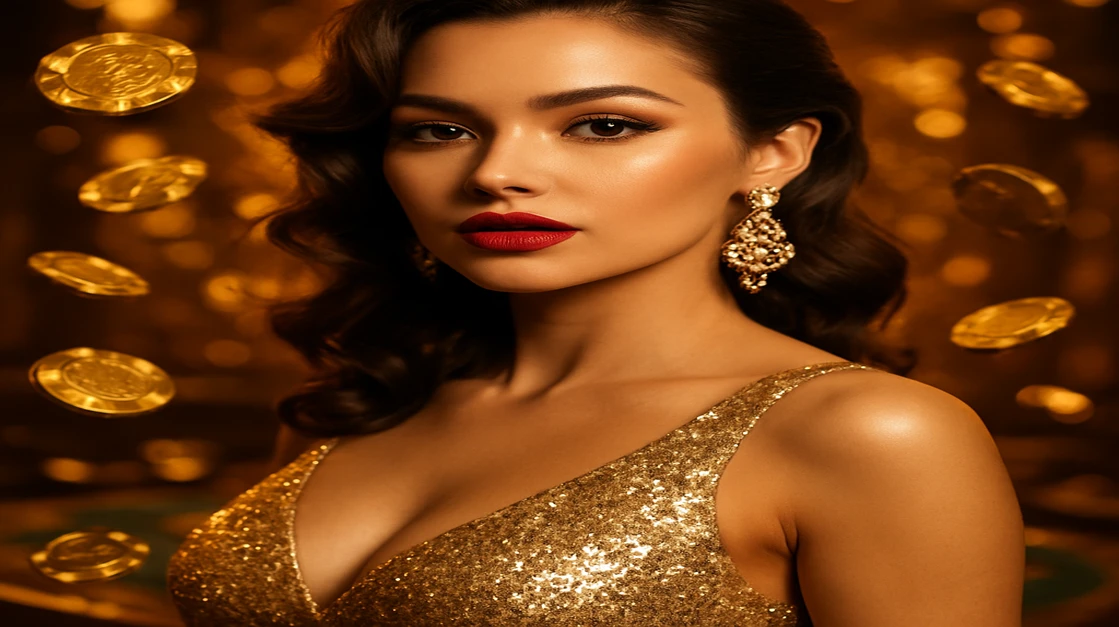 সোনালী পোশাক পরা এক জাঁকালো নারী, কানের দুলসহ, ভাসমান hbaj গেমিং প্ল্যাটফর্ম চিপস ও জ্বলজ্বল আলো দ্বারা ঘিরে রয়েছে।