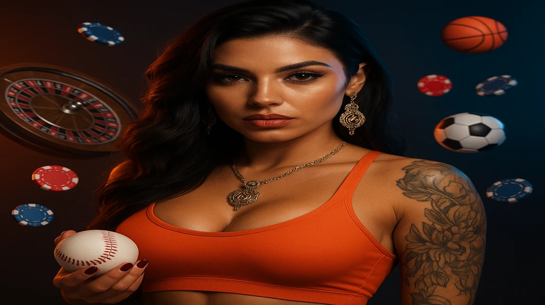 ট্যাটু সহ এক বলিষ্ঠ নারী, কমলা রঙের টপ পরা, একটি বেসবল ধরে আছেন; চারপাশে hbaj রুলেট চাকা, চিপস ও উড়ন্ত ফুটবল ঘুরে বেড়াচ্ছে।