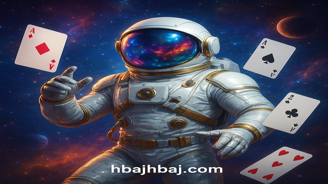 hbaj–এর একটি জ্বলন্ত স্পেসস্যুট পরা নভচারী, 'Spaceman' লেবেলসহ, মহাশূন্যে গ্রহগুলো ও নিয়ন্ত্রণ প্যানেলগুলোর মাঝে ভাসছে।