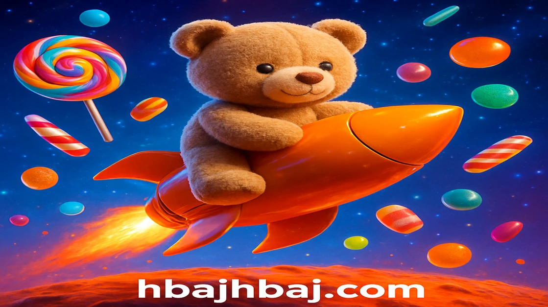 hbaj–এর এক মিষ্টি টেডি বিয়ার সোনালি রকেটে চড়ে, চারদিকে উড়ন্ত রঙিন ক্যান্ডি ও মিষ্টান্নে ঘেরা মহাশূন্যে ঘুরে বেড়াচ্ছে।
