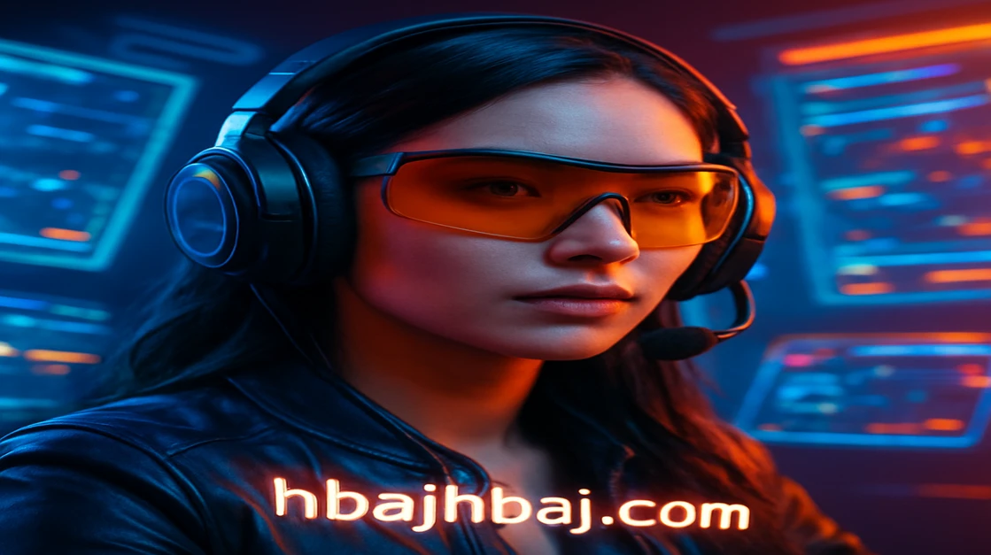 hbaj গেমিং প্ল্যাটফর্মে এক নারী গেমার বড় হেডসেট ও স্পোর্টস চশমা পরে, সামনে মোবাইল গেম ইন্টারফেস ও ই-স্পোর্ট ভিজ্যুয়ালস পটভূমিতে