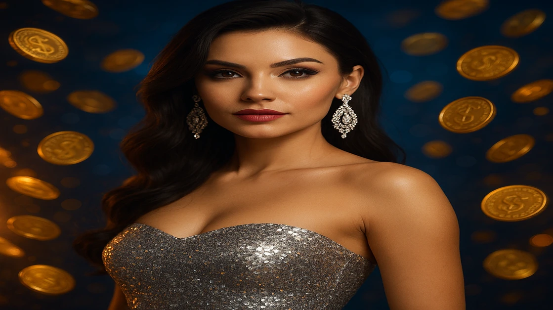 চকমকে পোশাক পরা এক গ্লামারাস নারী, ভাসমান স্বর্ণমুদ্রা ও জ্বলন্ত hbaj গেমিং প্ল্যাটফর্ম-থিমযুক্ত পটভূমি সহ