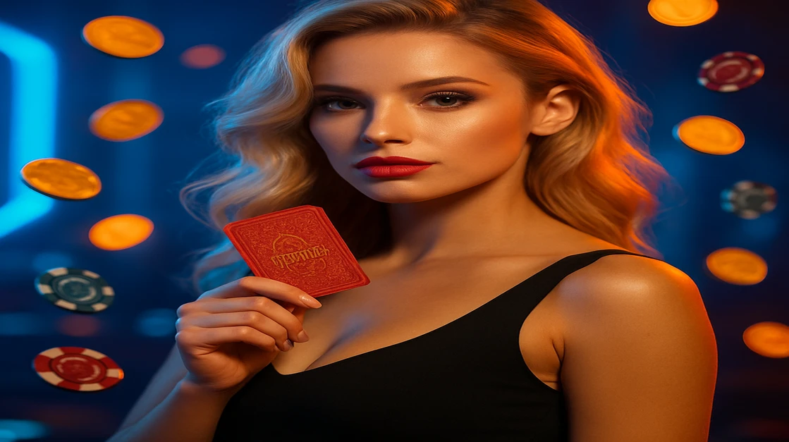হালকা সোনা-চুলের এক নারী কালো পোশাক পরা, হাতে লাল প্লেয়িং কার্ড; ভাসমান বিটকয়েন ও গহনা সহ hbaj-গেমিং প্ল্যাটফর্ম-থিমভিত্তিক জ্বলন্ত পটভূমি