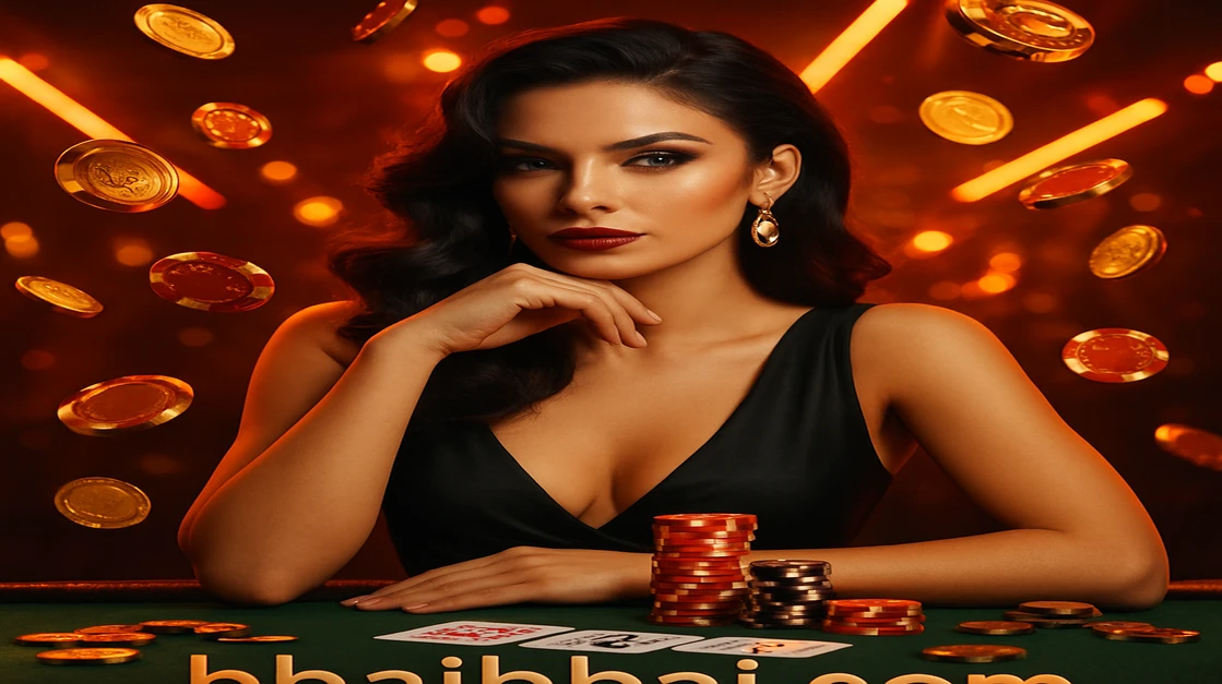 ঘন পোশাকধারী একটি নারী hbaj gেমিং প্ল্যাটফর্ম টেবনের পাশে ভর করে বসে আছেন; তার চারপাশে উড়ে চলা কার্ড ও সোনালি মুদ্রা ছড়িয়ে আছে, লগইন লেখা দেখা যাচ্ছে।