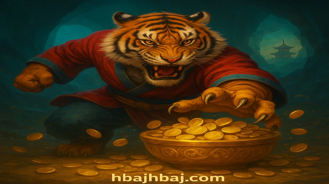 লাল পোশাক পরা একটি স্টাইলাইজড বাঘ সোনা মুদ্রা ধরে রয়েছে, পাশে এশীয় মন্দিরটি দৃশ্যমান, চারদিকে ছড়ানো সোনালি আলো hbaj.