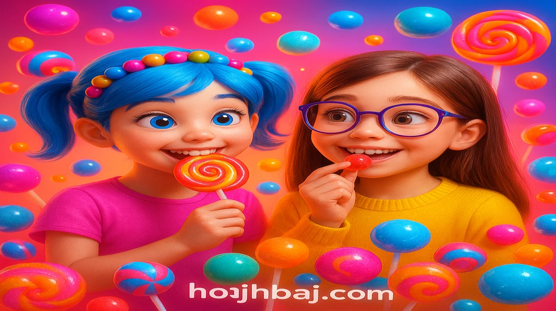 দুটি কার্টুন মেয়ে ললিপপগুলো ও রঙিন ক্যান্ডি চারদিকে উড়ে বেড়াচ্ছে, নিচে Sweet Bonanza লেখা hbaj.
